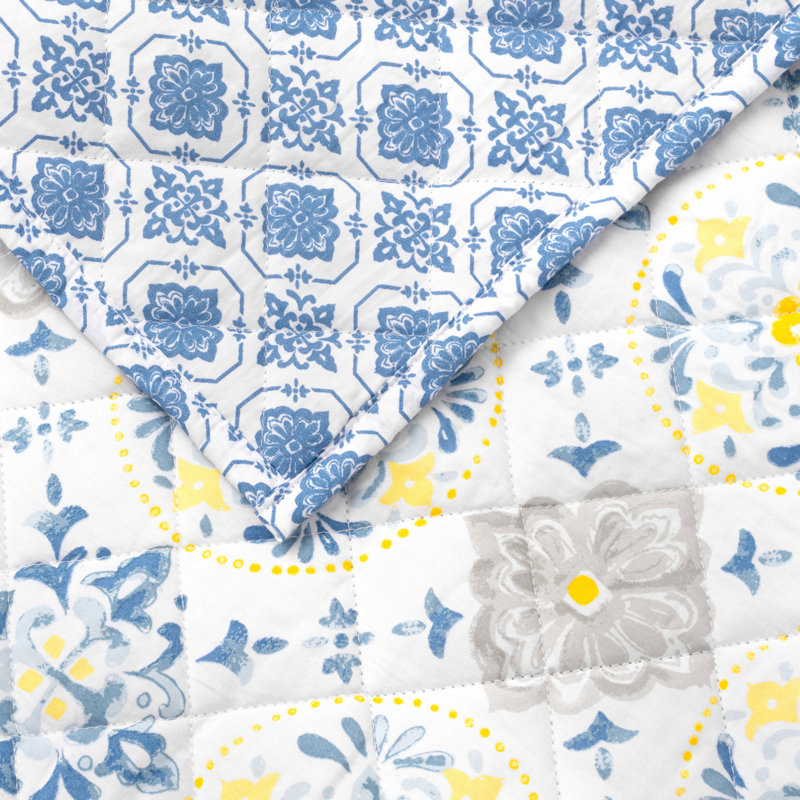 Ensemble de courtepointe 3 pièces 200 fils Blue / Yellow, Très grand lit + 2 très grandes taies décorativ