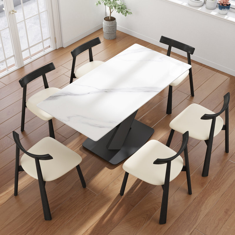 Ensemble de table de salle à manger 7 pièces 7 pièces avec 6 chaises en similicuir, Beige/noir, Blanc neige