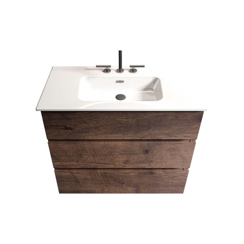 Meuble-lavabo moderne en noyer de 36 po - Rangement maximal, couloir silencieux, lavabo blanc, pré-assemblé, autoportant, robinet de grande capacité sans rangement, lisse ou