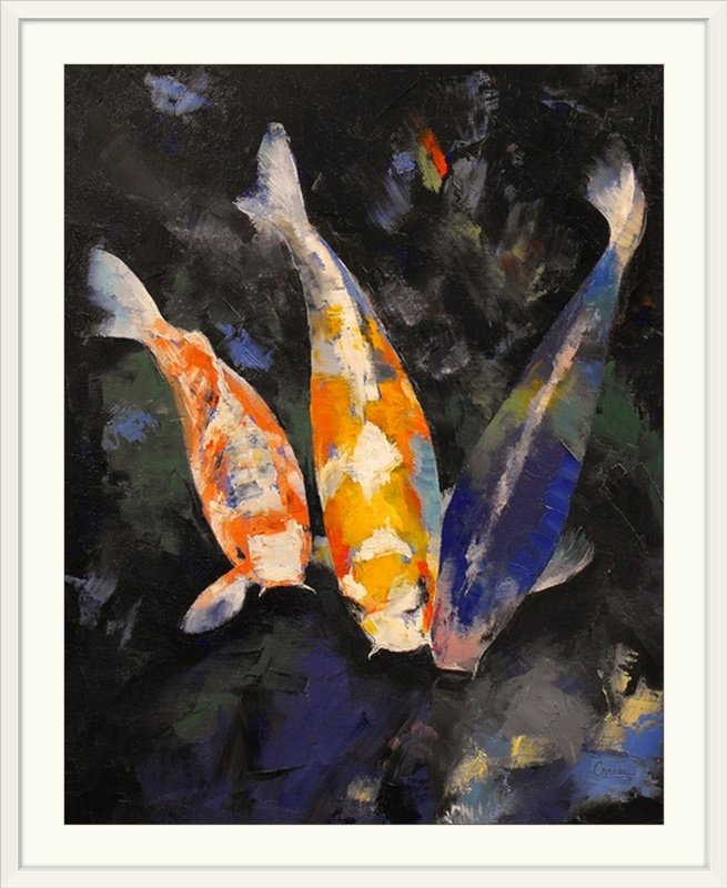 « three koi fish » par michael crise, reproduction d’art, H 23 po x l 20 po x P 1 po, Cadre blanc