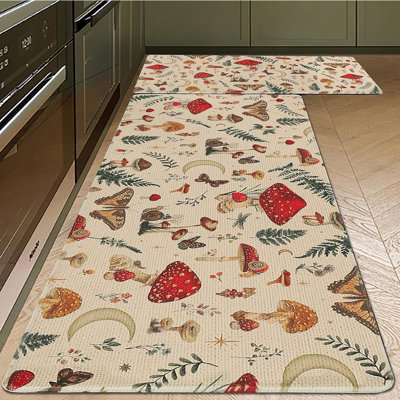 Kitchen Floor Rugs – Beige – 2PC, Waterproof, Non-Slip, Anti-Fatigue, Padded, Mushroom & Butterfly Farmhouse Design