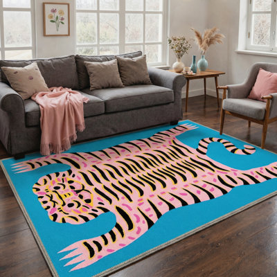 Tapis d'intérieur bleu / rose lavable à la machine avec envers antidérapant Kai Funky Tiger