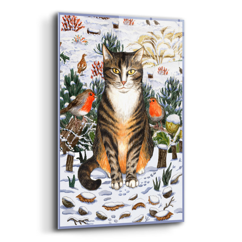 Art mural en verre acrylique épique «Winter Tabby Cat with Blue Border» par Gale Pitt, 16 po x 24 po