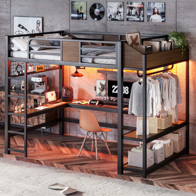 Lit mezzanine double en métal avec bureau en L, bande lumineuse à DEL et tablettes de rangement, idéal pour la vie moderne et l'efficacité de l'espace