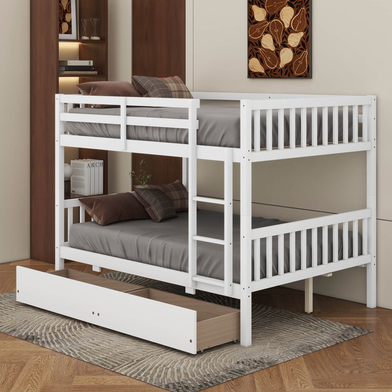 Lit superposé double en bois d'hévéa double avec 2 tiroirs, convertible en 2 lits, Blanc
