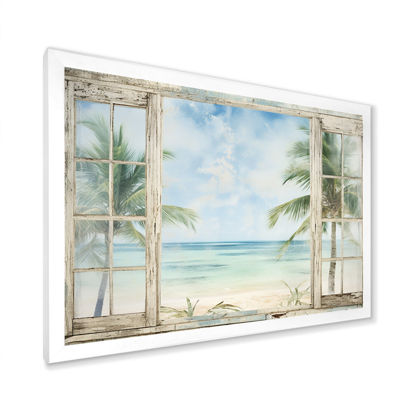 Décoration tropicale fenêtre tropicale horizon II - fenêtres côtières, H 12 po x l 20 po x P 1 po, Cadre de coin blanc fermé