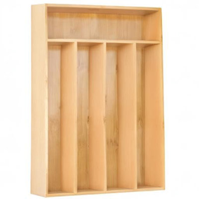 Bamboo Silverware Organizer Tray, 5-Compartment Kitchen Drawer Utensil Holder, Natural Flatware Storage