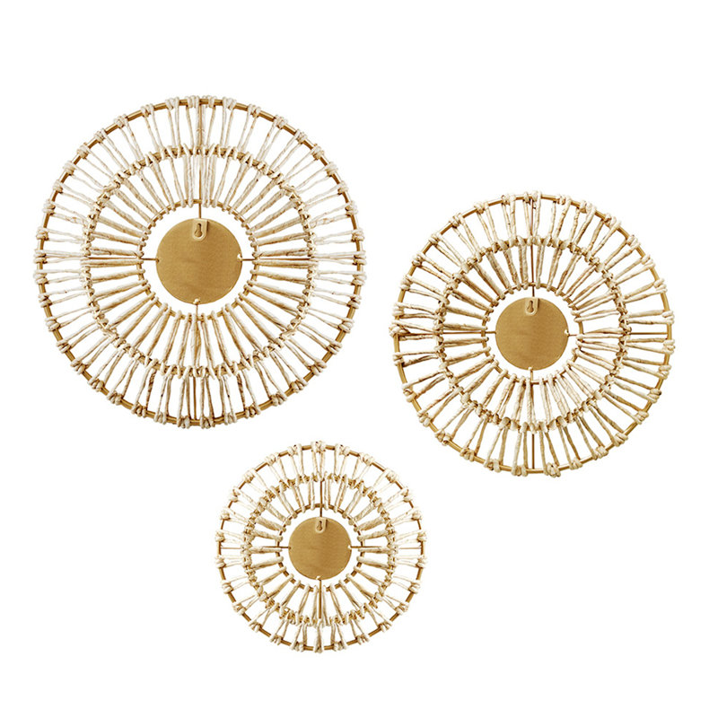 Gold Corn Husk Wrapped Round Decorative Mirror Set
