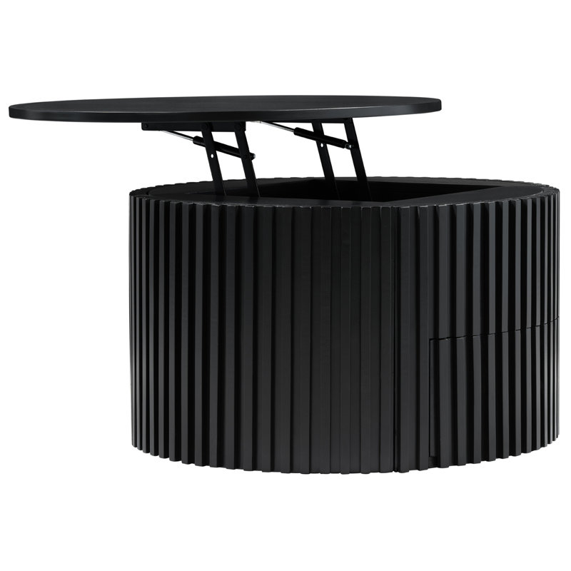 Table basse ronde à plateau relevable, table d'appoint moderne en bois cannelé avec rangement caché pour le salon, Noir