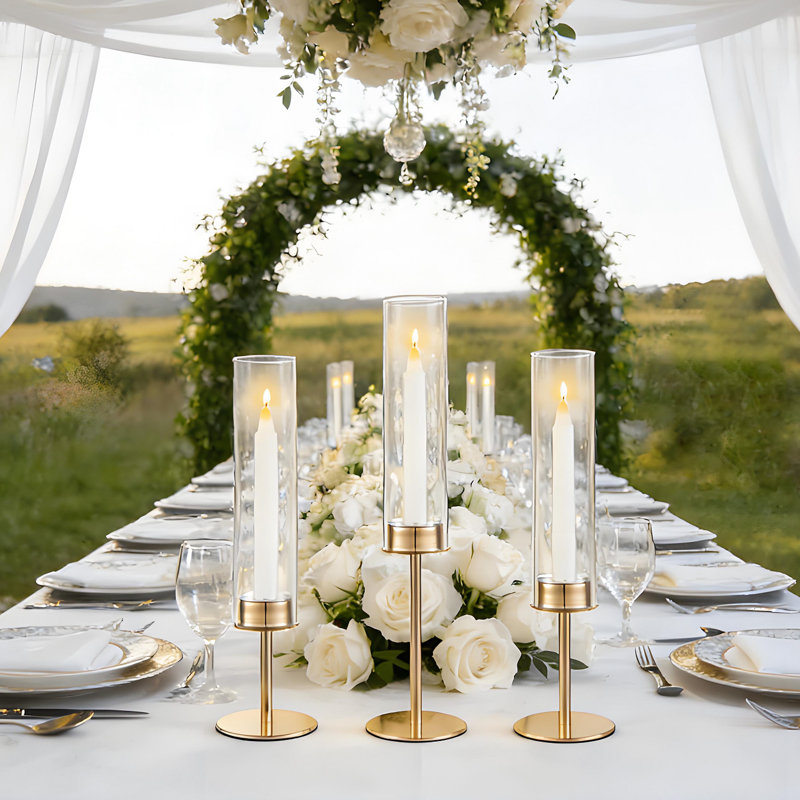 Ensemble de 3 porte-bougies Hurricane, chandelier conique doré avec manchons en verre, centre de table de mariage