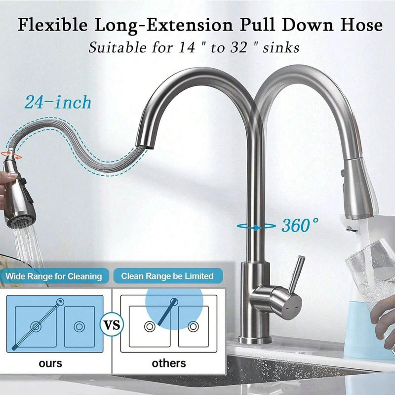 Single Handle Brushed Nickel Touch Activated Kitchen Tap, 360 Degree Swivel Spout Single Hole Sink Faucet with Pull Out Sprayer