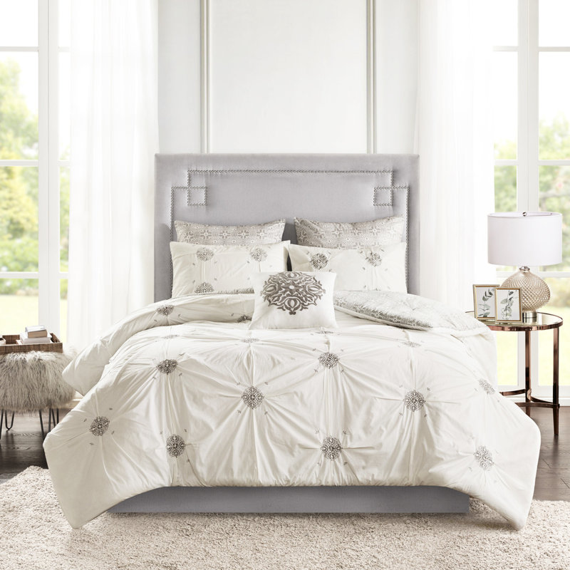 Literie 6 pièces pour lit double / grand lit - Coton réversible avec détails d'édredon brodés
