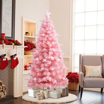 6Ft Pre-Lit Cherry Blossom Artificial Tree w/ Fiber Optic Lights & Pinecone Top