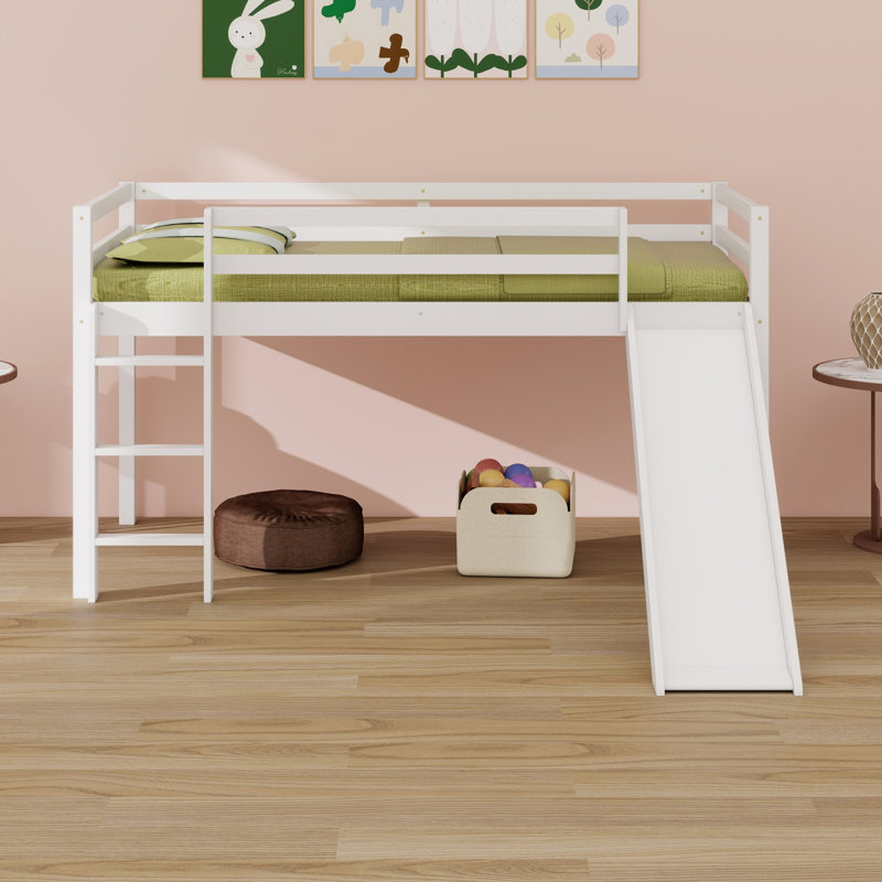 Twin Loft Bed With Slide, Wood Low Loft Bed Frame, Lower Storage Space, White