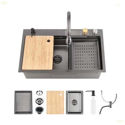 Waterfall Kitchen Sink, Stainless Steel Single Bowl In Black, Multifunctional Workstation With Flying-Rain Faucet And Cutting Board, 30×22? Stainless Steel Single Bowl Sink