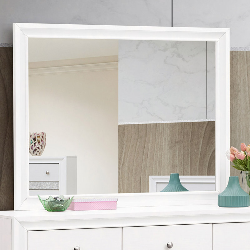 Miroir élégant en grain de bois blanc, 37 x 46 po, verre à faible distorsion, compatible avec la commode et installation facile