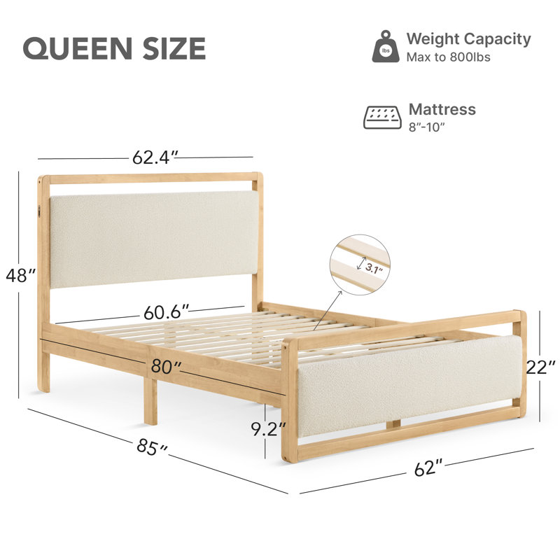 Modern Solid Wood Boucle Upholstered Bed Frame with USB, Walnut, Queen, Oat