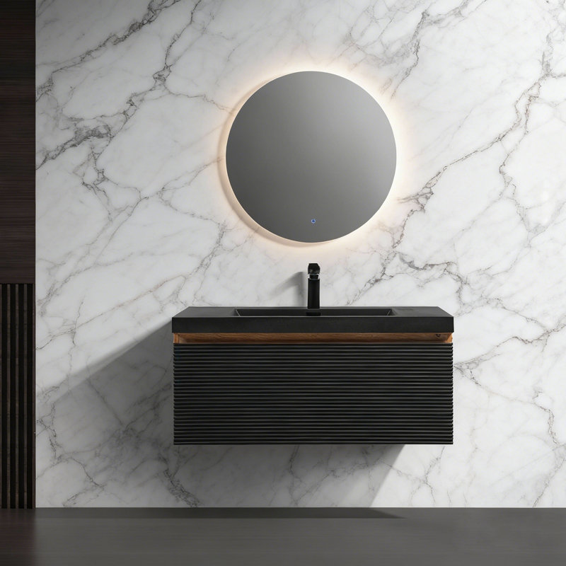 Meuble-lavabo flottant mural 36 po avec comptoir en quartz noir et chêne naturel pré-assemblé, 36"
