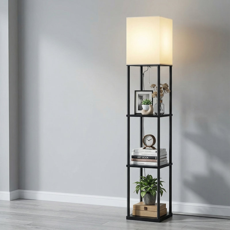 Floor Lamp with Shelves-LED Modern Shelf Floor Lamp with 3 Color Temperature E26 Bulb,Storage Display Column Standing Tall Lamp for Living Room, Bedroom, Office (Black)