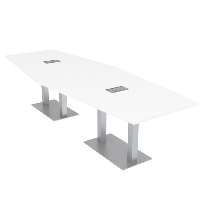 Table de conférence hexagonale avec alimentation et données, Blanc, Argent argent, L 144 po x l 48 po