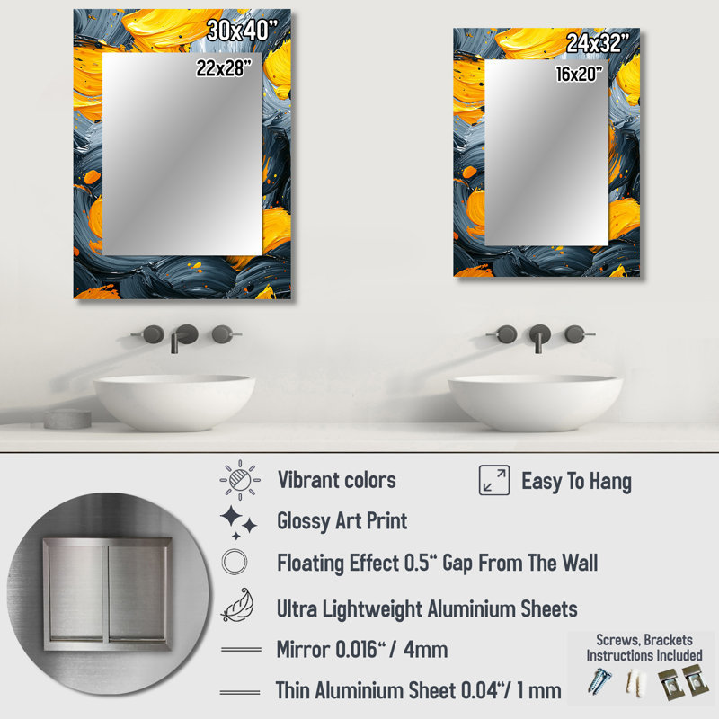 Encre jaune et gris Dream Fragments I - grand miroir mural fauvisme, miroir unique moderne, impression sur métal