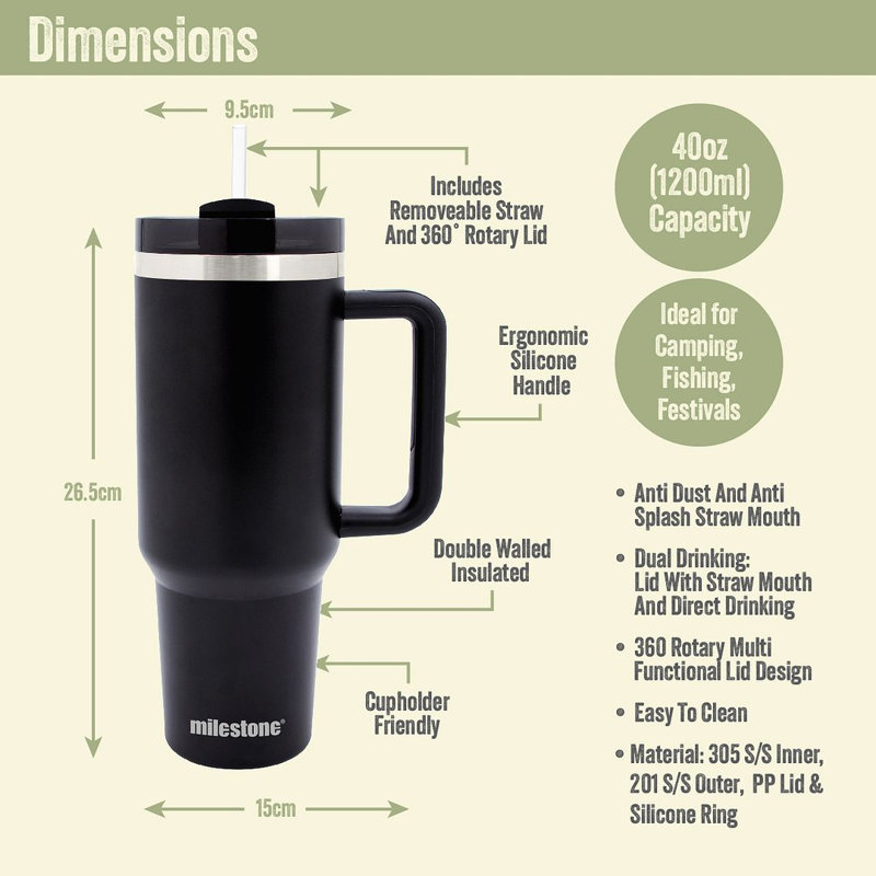 Milestone 1200ml Double Wall Insulated Stainless Steel, Charcoal