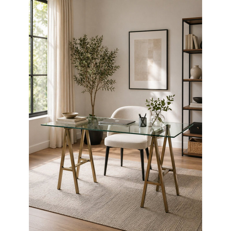 Bureau en verre Tigerlily, H 30 po x l 55 po x P 30 po, Laiton brossé