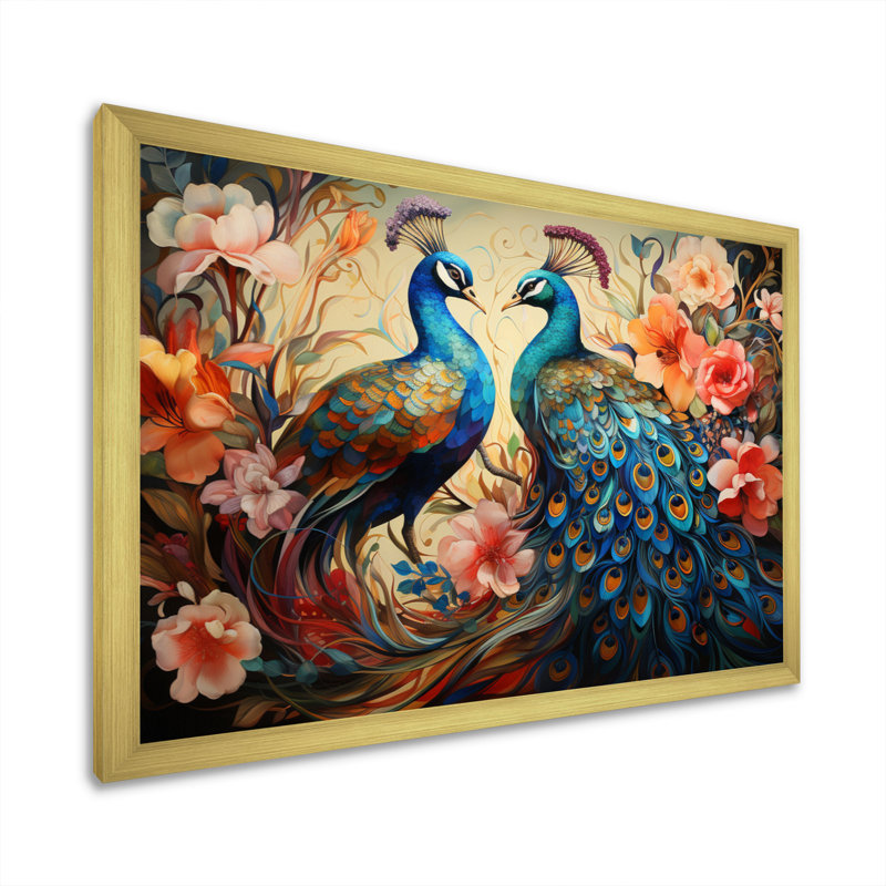 «Blue Coral Indian Art Dancing Peacocks I», art mural indien, H 12 po x l 20 po x P 1 po, Cadre doré simple