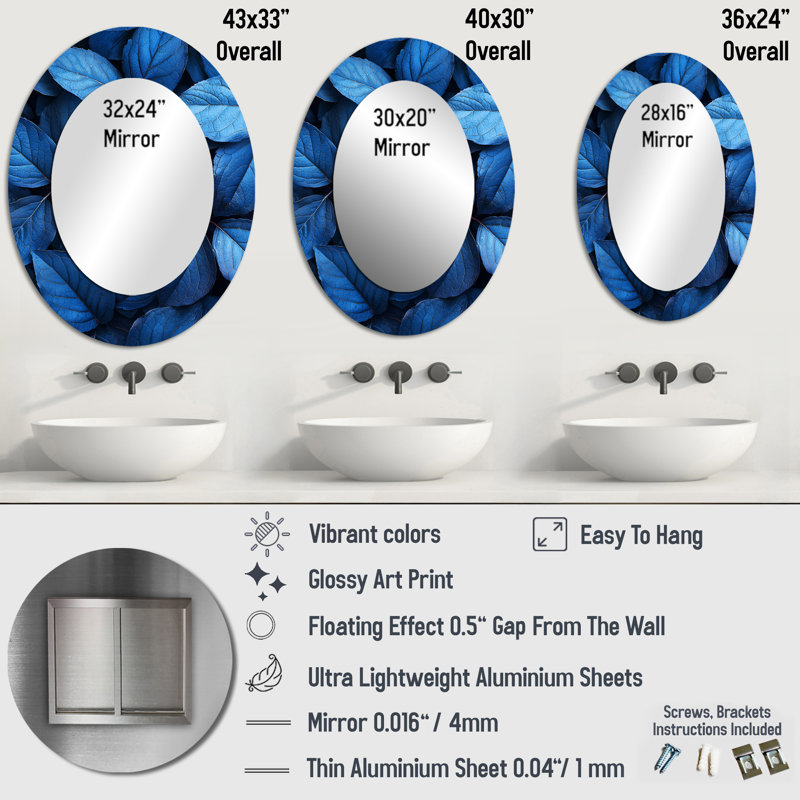 Miroir mural ovale bleu Midnight Blue Leaves Tranquility I, 36 po x 24 po