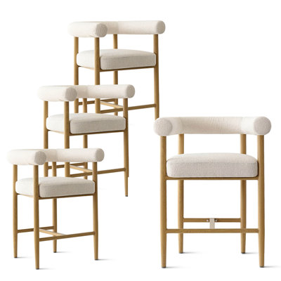 24" Modern Boucle Counter Stool, Upholstered Barrel Back Kitchen Island Stools With Wood-Look Metal Legs And Padded Seat