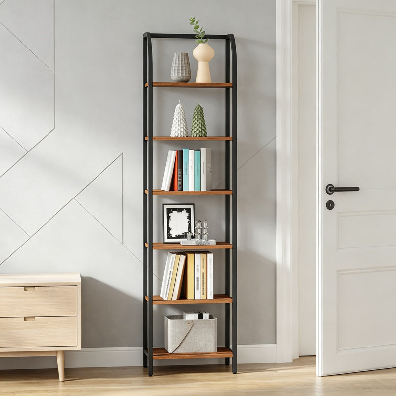 Bibliothèque étroite, bibliothèque haute à 6 niveaux avec structure en acier, étagère de rangement de style industriel, étagère de présentation Skinny pour salon, bureau et bureau à domicile