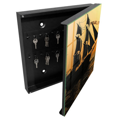 Key box for wall, Opens to the left, 30x30x5, Black, Sailing ship at sunset, 