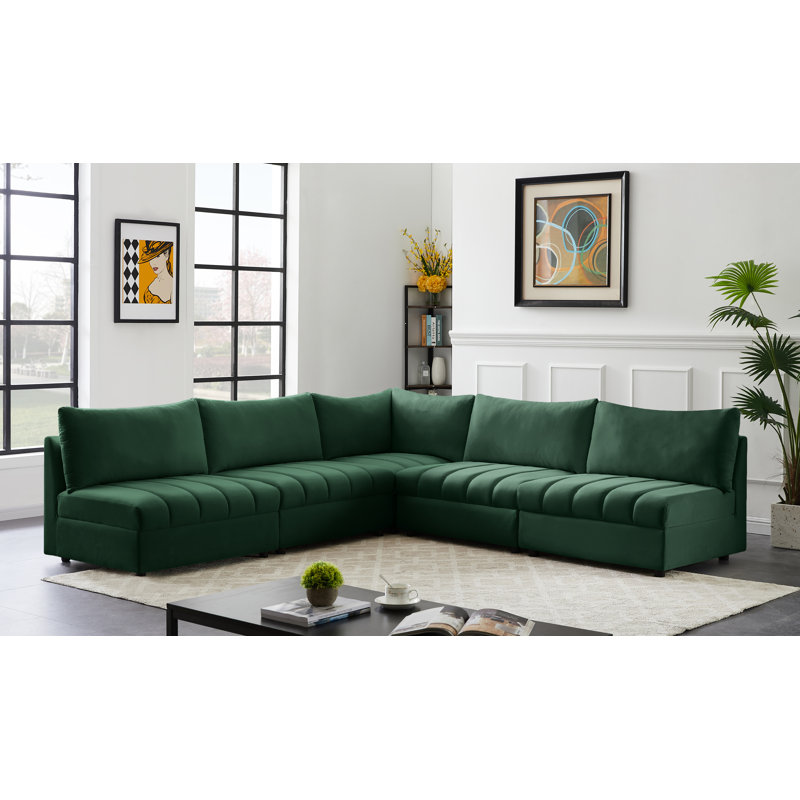 Ensoll Velvet L-Shaped Sectional Reversible, Green Velvet