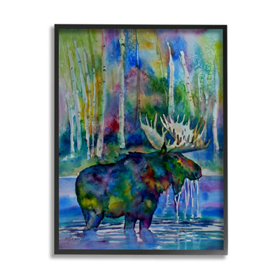 Vibrant Moose Birch Trees Natation Splashing Lake par MB Cunningham - peinture
