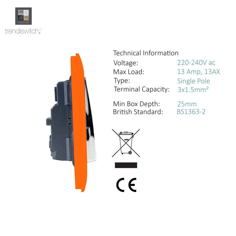 Trendi Switch 1 Gang 13 Amp Switched Plug Socket, Orange