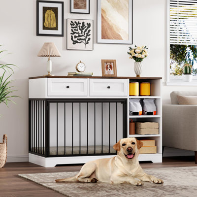 Wooden Dog Crate Furniture with Drawers and Shelves, Multi-Functional Pet Kennel & TV Stand for Indoor Use