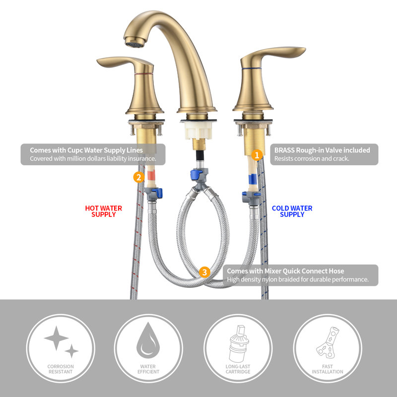 Widespread 2-handle Bathroom Faucet with Drain Assembly, Brushed Gold