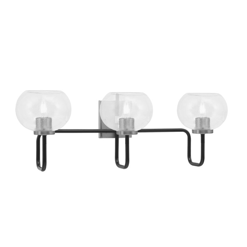 Barre d'éclairage de salle de bain 3 lumières Amarmula, noir mat et finition graphite, verre transparent 7 po