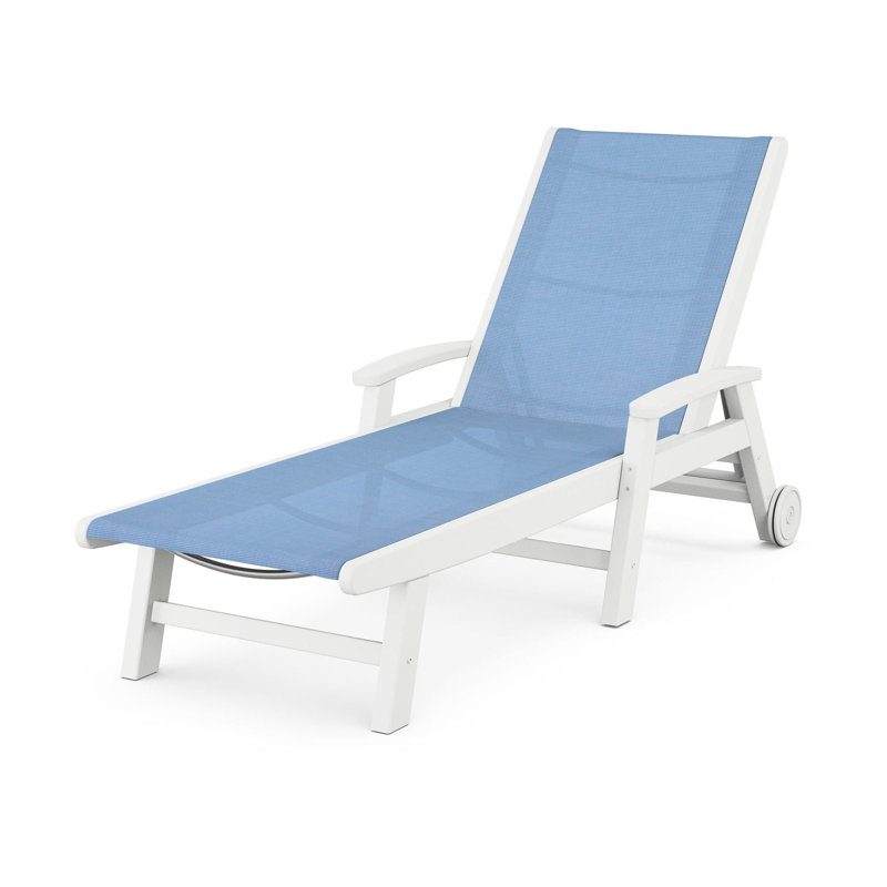 Chaise longue POLYWOOD Coastal, Blanc, Tissu natté bleu bord de piscine