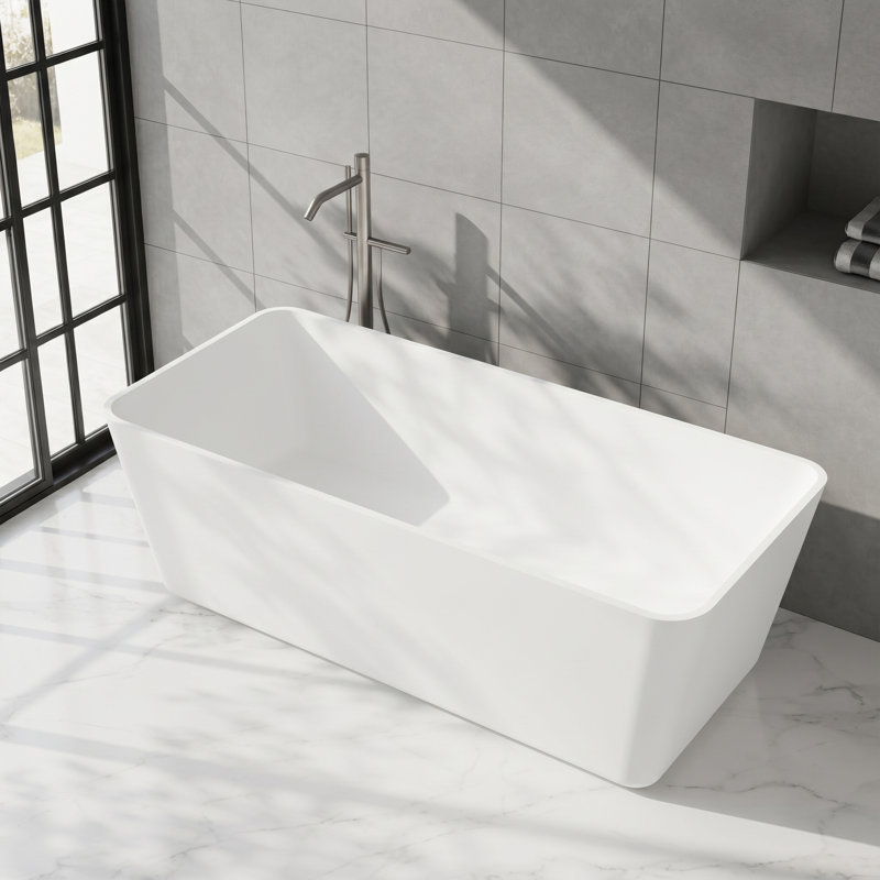 67 Inch Matte White Freestanding Bathtub, Solid Surface Rectangle Soaking Tub
