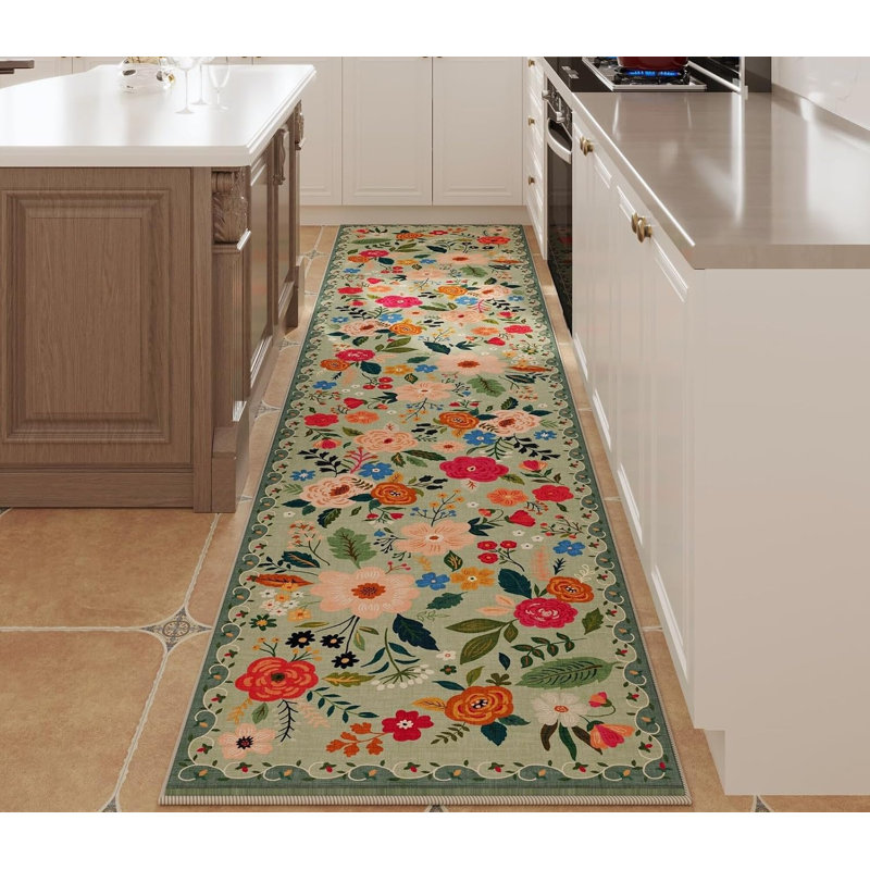 Floral Polyester Kitchen Mat, Vert