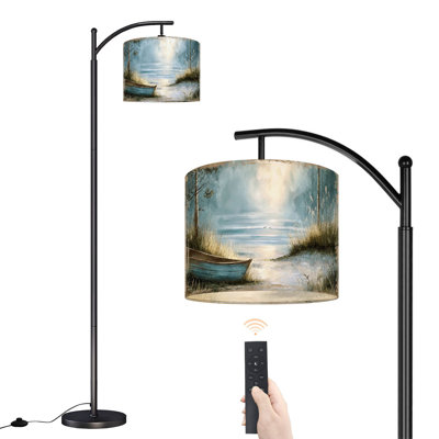 Arc Floor Lamp with Adjustable Lampshade Beach Nautical Boat Ocean Seagull Sea Bird Seashore Blue Standing Lamp 3 Color Temperatures Dimmable Tall Pole Lamp with Foot Switch for Bedroom