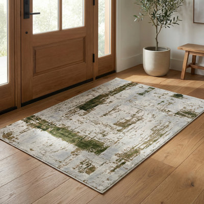 Tapis d'entrée à motif abstrait vert / beige 3 pi x 5 pi (2 pi 8 po x 4 pi 8 po) Silvan