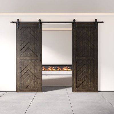 Homacer ébène 26 po x 80 po fini et non assemblé 4-en-1 Fishbone deux portes de grange avec quincaillerie d'installation sans dérivation, rail de 9 pi, utilisation intérieure seulement