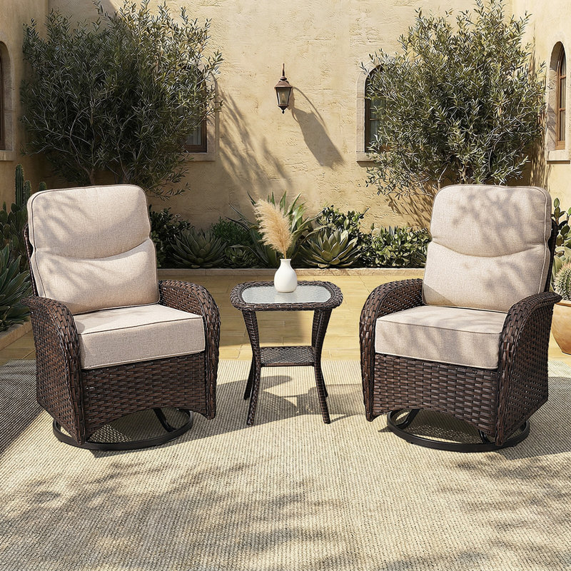 Patio Furniture Set With Luxury 6" Cushions, 3 Pieces Swivel Rocking Patio High Back Chairs, Outdoor Wicker Bistro Conversation Set For Balcony, Porch, Backyard, Poolside, Beige