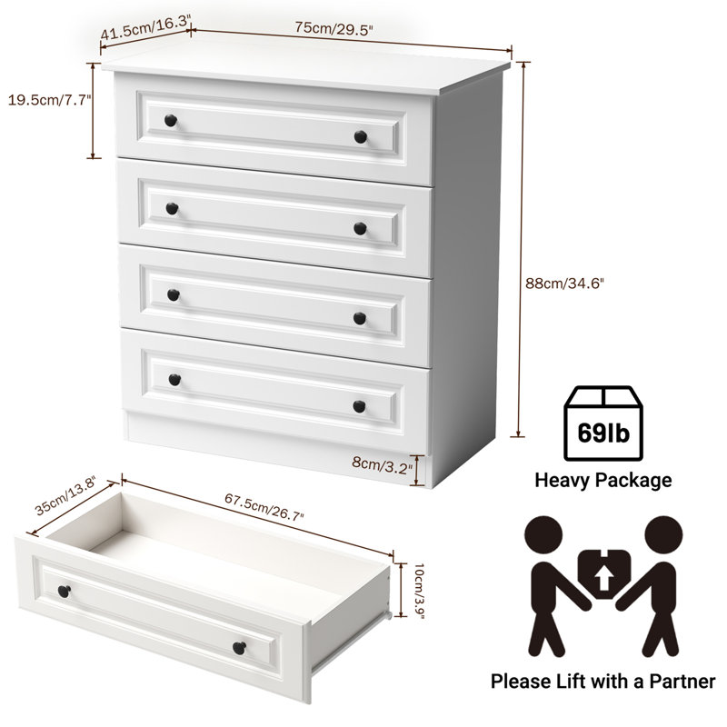 29.5" W Modern 4 Drawer Dresser, Drawer Chest, Wooden Storage Dresser for Closet and Living Room, White, White