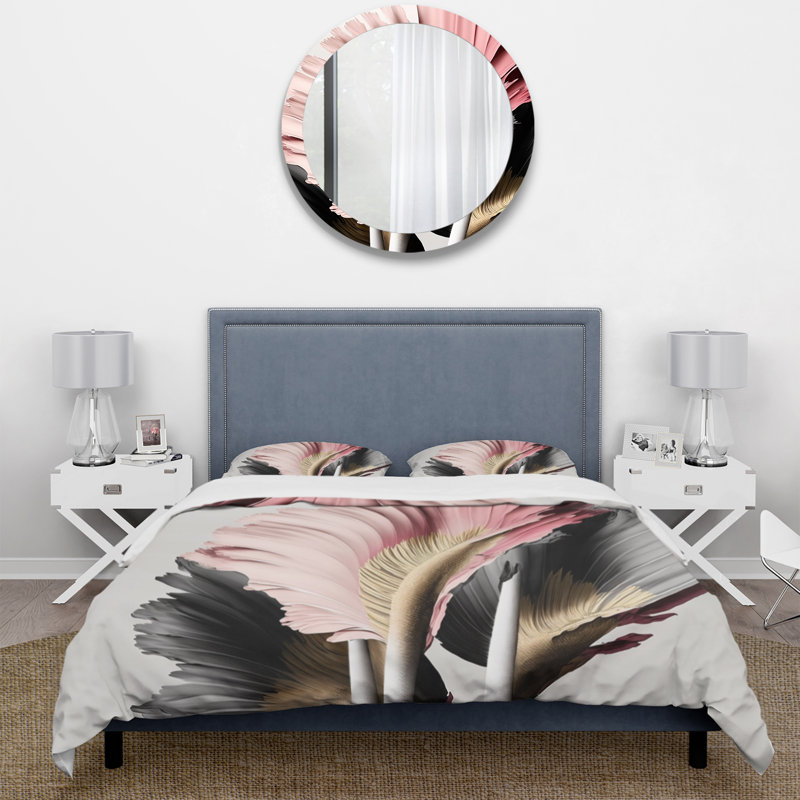 Ensemble de housse de couette en microfibre / polyester rose et gris Gerbera, Housse de couette pour très grand lit et 2 très