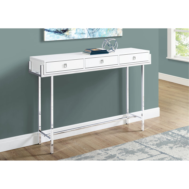 Table d'appoint compacte pour la chambre à coucher - Stratifié blanc brillant, métal, console de rangement élégante en métal