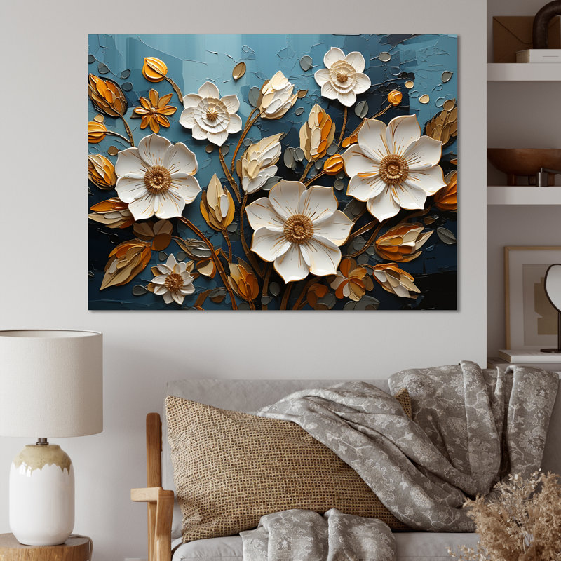 «White and Gold Charming Spring Flower Elegance IV», art mural fleurs, Toile tendue, H 30 po x l 40 po x P 1,5 po