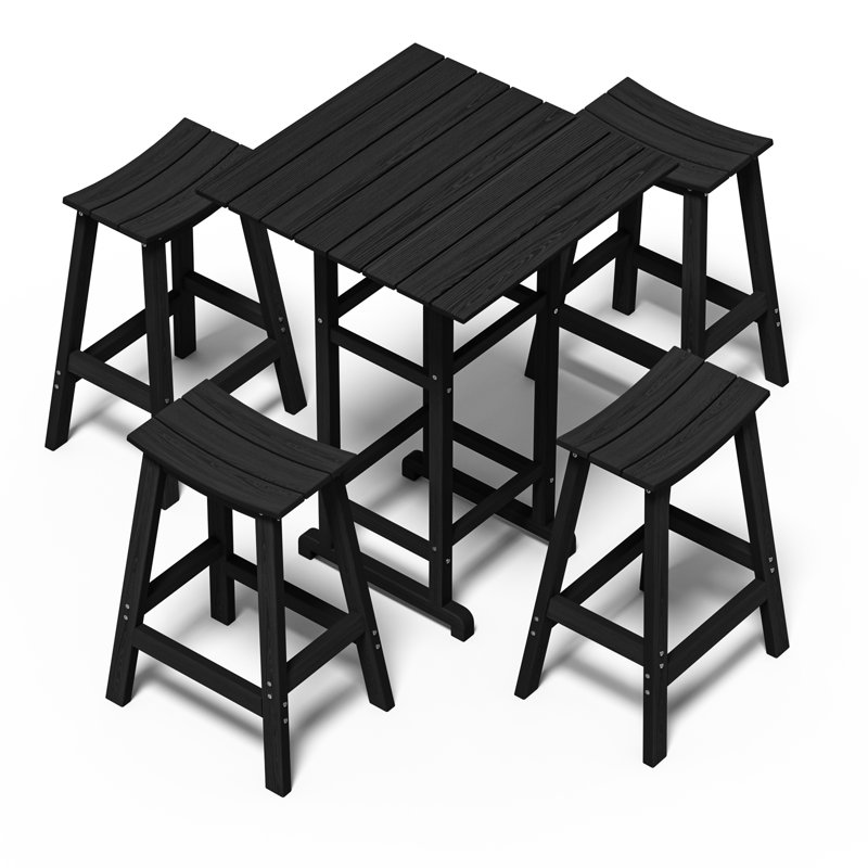 5-piece Hdpe Outdoor Bar Set – Square Patio Table & 4 Bar Stools, Weather-resistant, All-weather Furniture For Balcony, Garden, Poolside